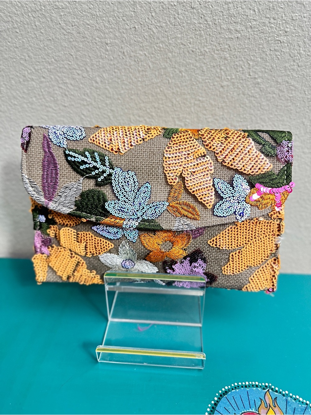 Floral Sequin Embroidered Clutch - Yellow Multicolor